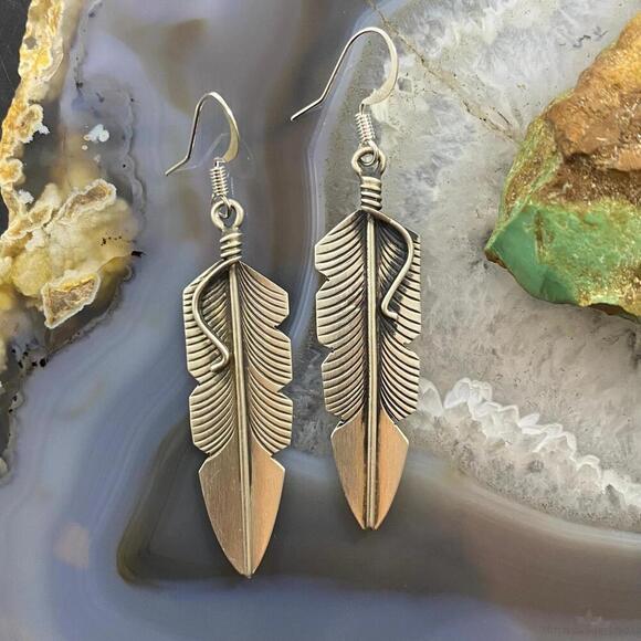 Chris Charley Native American Sterling Silver Feather Dangle Earrings For Women - Picture 1 of 10